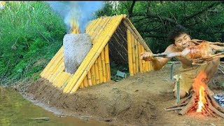 Building wood survival shelter in wildlands | Bushcraft & Campfire grilled meat | Whistleman bd