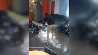 Naughty Child Throws Flour While Dad Cleaning The Floor