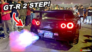 R34 Skyline GTR 2 Step Battle Shooting Huge Flames Shutting Down Car Meet!