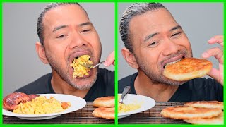 Korean Taro Pancakes, Sausage Patties and Just Eggs Scrambled | VEGAN MUKBANG | PitaChew