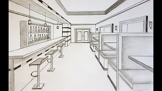 How to draw a restaurant dining room in one point perspective