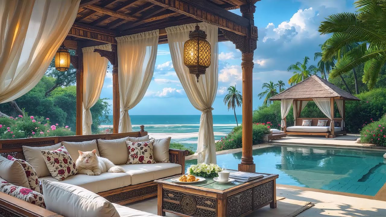 Positive Bossa Nova Jazz Ocean Wave Sounds At Seaside Coffee Shop