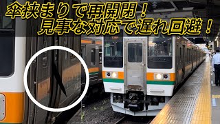 乗客の傘が閉まるドアに挟まれる…即座に車掌が再開閉し遅れ回避！