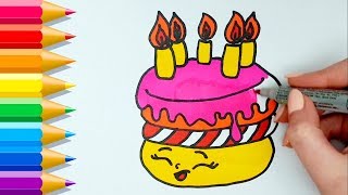 Cómo dibujar y pintar una TORTA DE CUMPLEAÑOS Kawaii 💙 How to Draw a Cute Birthday Cake