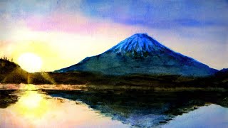 富士山・本栖湖の日の出（透明水彩風景画） Sunrise at Mt.Fuji 【Watercolor】　「初日の出」