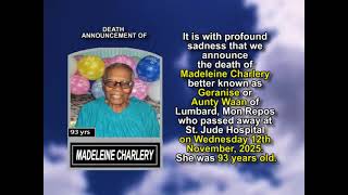 Madeleine Charlery ~ Short Obituary