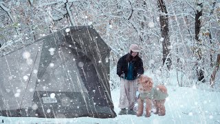 ❄️A cozy night camping with a dog in a snowy forest / rain camping / snow camping / rain sound ASMR