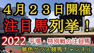 【注目馬列挙・平場予想】2022年4月23日JRA平場特別戦！日曜日の重賞へ向けて芝確認！先週は土曜日にテリオスベルなど推奨