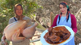 Stuffed chicken on fire with aromatic herbs, pomegranate sauce, plums and incredible smoky taste🍗🔥