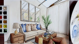 Drawing A Living Room in Two Point Perspective | Timelapse