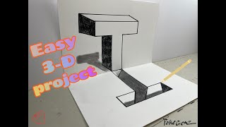 3D Trick art on paper - Letter T and the hole it came out of.  Geometric 3D Optical Illusion Art