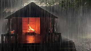 SLEEP QUICKLY 24/7 with Heavy Rain & Thunderstorm Sounds Covering Campfire in Old Farmhouse at Night