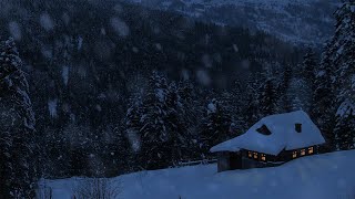 Relaxing Snow Falling and Wind Blowing Sounds in a Winter Landscape with an Old Cozy Mountain Cabi
