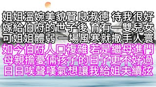 姐姐溫婉美貌，賢良淑德，待我很好，嫁給伯府的世子後，育有一雙兒女，可姐姐體弱，一場風寒就撒手人寰，如今伯府人口複雜，若是繼母進門，母親擔憂倆孩子的日子更不好過，日日唉聲嘆氣，想讓我給姐夫續弦