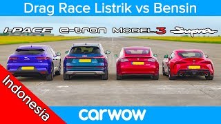 Tesla Model 3 vs I-Pace vs e-tron vs …SUPRA?! - DRAG & ROLLING RACE & TES REM Listrik vs Bensin