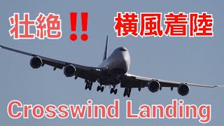 ✈✈成田空港Storm!! 春一番懐かしきジャンボが木の葉のように舞う！！壮絶横風着陸  大揺れWind shear Crosswind landing at Narita  RWY16R!!