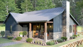 36'x29' (11x9m) The Perfect One-Story Cabin House - 2 Bedroom - Small House Plans Under 1000 sq ft