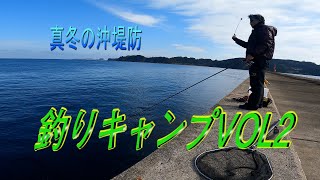 真冬の沖堤防釣りキャンプ。釣りたてのイカとアジを焼いて食ったら最高にうまかった！【４K映像】