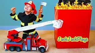 Unboxing a Surprise Fire Truck Toy! Firefighter Costume and Rescue Pretend Play | JackJackPlays