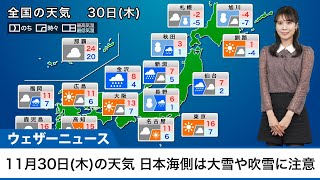 11月30日(木)の天気予報　日本海側は大雪や吹雪に注意