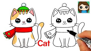 How to Draw a Cat for Christmas Easy ❄️ Cute Winter Pet