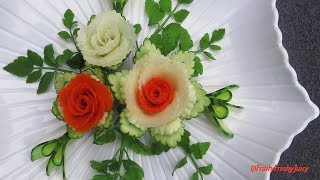 The Art in Zucchini, Carrot & Radish Rose Carving Garnish - How to Make Vegetable Flowers DIY