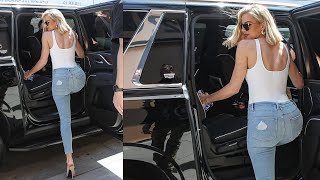 Khloe Kardashian models tiny leotard and skintight jeans at Good American pop up shop