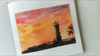 Sunset watercolor painting by the lighthouse
