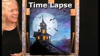 HALLOWEEN! Learn How to Draw and Paint with Acrylics HAUNTED HOUSE-Beginner Art Tutorial-Time Lapse