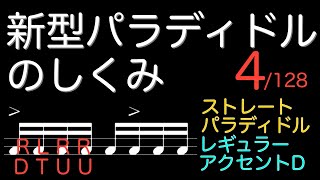 新型パラディドルのしくみ　4_128  ストレートパラディドルRLRRレギュラーアクセントD (アクセント_4連_RLRR_タツツツ_DTUU)