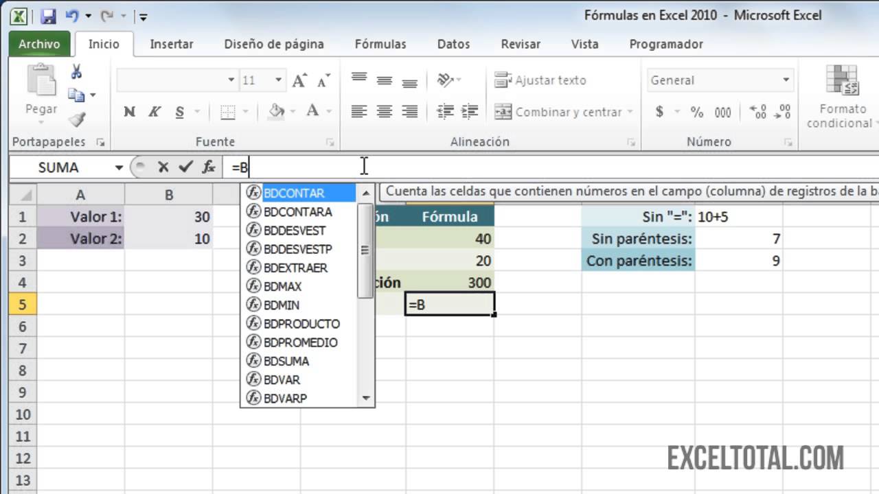 Fórmulas En Excel 2010 - YouTube