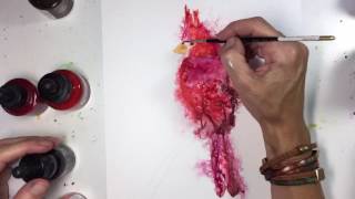Painting a cardinal using ink on yupo paper: creating texture