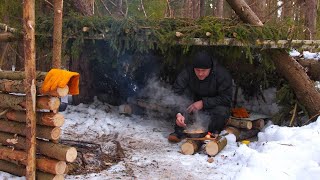 Building & Camping | woodcraft in winter forest | bushcraft cooking | 4k | ASMR