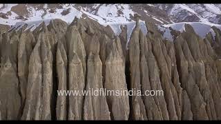 Sand flutings in Spiti valley of Himachal Pradesh, in spectacular earth formations as seen aerially
