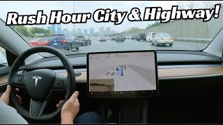 City and Highway Self Driving AI Test in Rush Hour Traffic using Tesla FSD Beta in Canada
