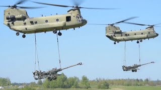 Lifting the M777 Howitzers by CH-47 Chinooks, Grafenwoehr in Germany, United States Army