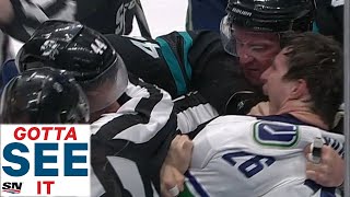GOTTA SEE IT: Antoine Roussel appears to bite Marc-Edouard Vlasic during scrum