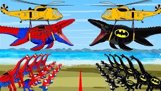 SPIDER MOSASAURUS vs BATMAN BRACHIOSAURUS, T-REX, Truck, Airplane: Who Is The King Of Monster?