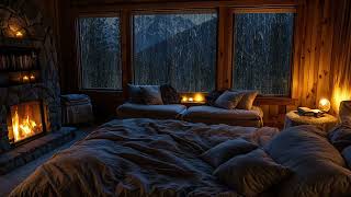 Eliminate Noise & Find Tranquility - Warm Cabin Ambience with Pouring Rain & Fire Crackles for Sleep