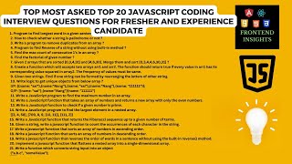 Most asked top 20 javascript coding interview question | Frontend Insights #javascriptinterview