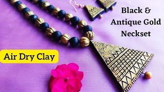 Black & Antique Gold Neckset using Air Dry Clay| HandmadeTerracotta Jewellery |Classy Ramya