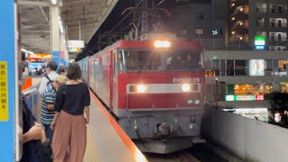 【トヨタ・ロングパス・エクスプレス】JR貨物EH500形29号機＋コキ20B（両）が北朝霞駅を加速しつつハイビームにしながら通過するシーン（4052レ・仙貨A131・コンテナ輸送）