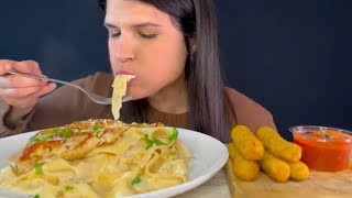 ASMeRi ASMR creamy chicken Alfredo fried cheese sticks Mukbang bites only