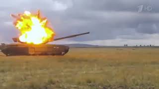 Russian tank T-72B3 with Arena-M active protection system stops an incoming anti tank missile 💥