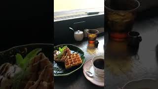 珈琲館椿☕️米粉のワッフル🧇チョコバナナ（田原カフェ）稲穂がサラサラいい景色✨