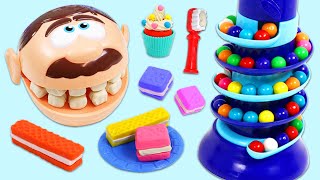 Feeding Mr. Play Doh Head Rainbow Gumballs & Play Dough Desserts with Toy Hospital Dentist Visit!