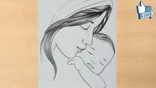 mostly simple pencil drawing of Mother and baby drawing || motherdaysdrawing