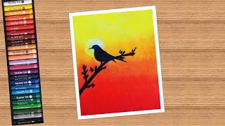 Sunset and a Bird Scenery Using Oil Pastels for Beginners / Step by Step / How to Draw Easily