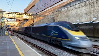 Eurostar Class 373 \u0026 374 pass at speed through Stratford International, London