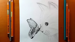 Disegni facili | Come disegnare un gatto con la farfalla - schizzo a matita per principianti